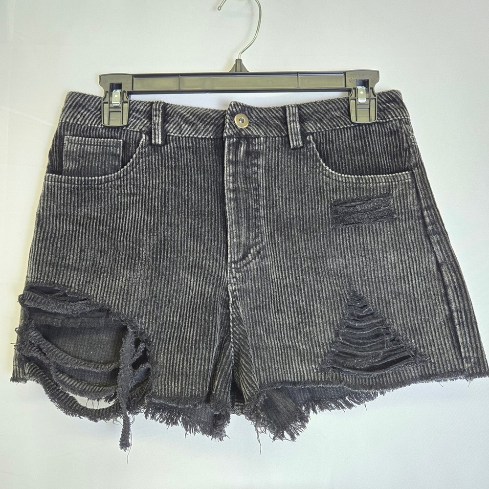 Judith March Distressed Corduroy Shorts,‎ Sequin Skull Pocket, Black/Gray, Small